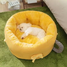 Load image into Gallery viewer, Round Calming Cute Cat Bed Grey/Yellow