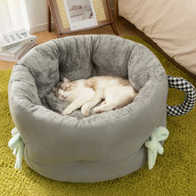 Load image into Gallery viewer, Round Calming Cute Cat Bed Grey/Yellow