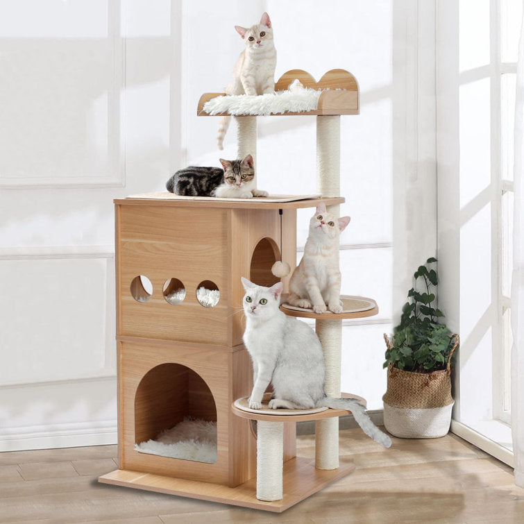 Hifuzzypet Modern Wooden Cat Tree Multi-Level Cat Tower With 2 Cozy Condos
