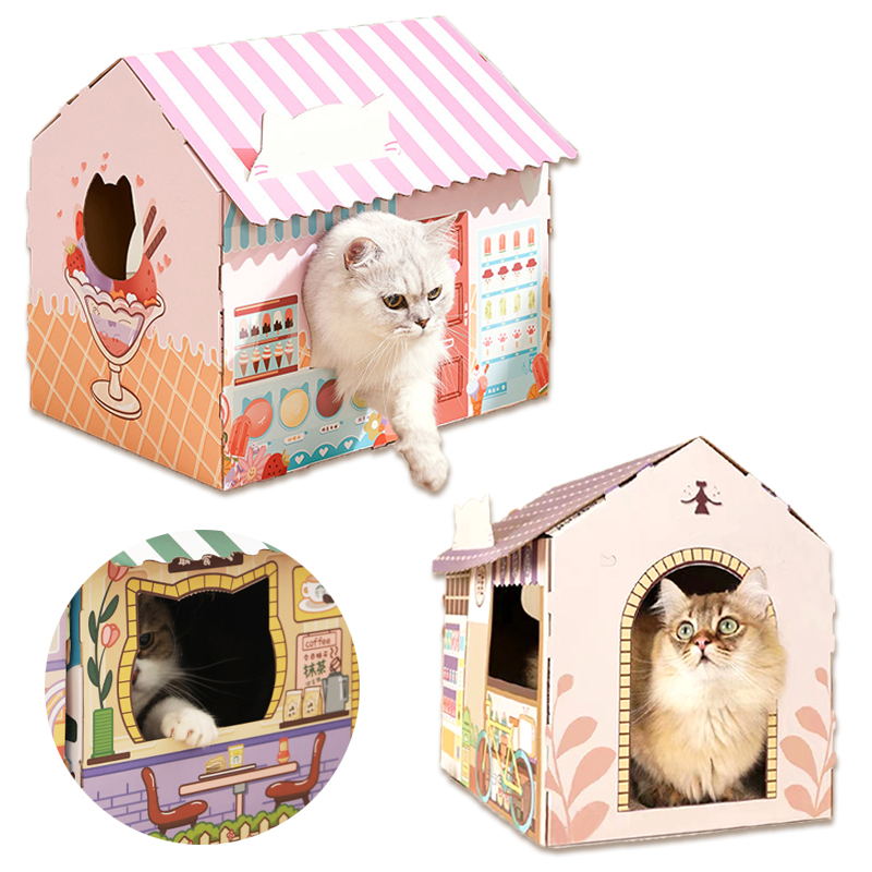 HiFuzzyPet Corrugated Cardboard Cat  House with Scratcher, Cat Play House