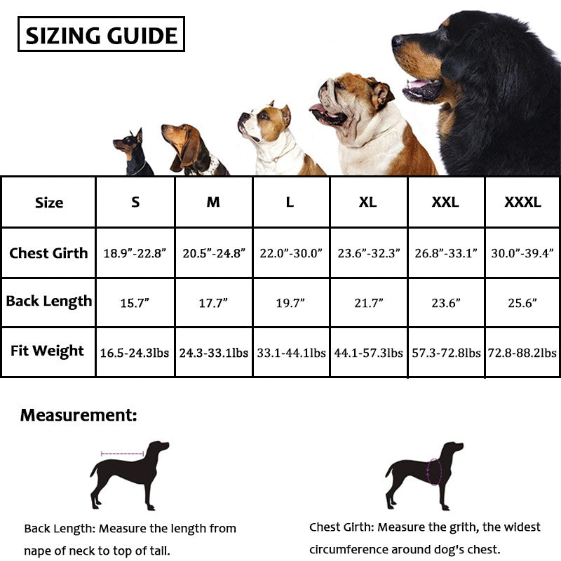 reflective dog vest size chart