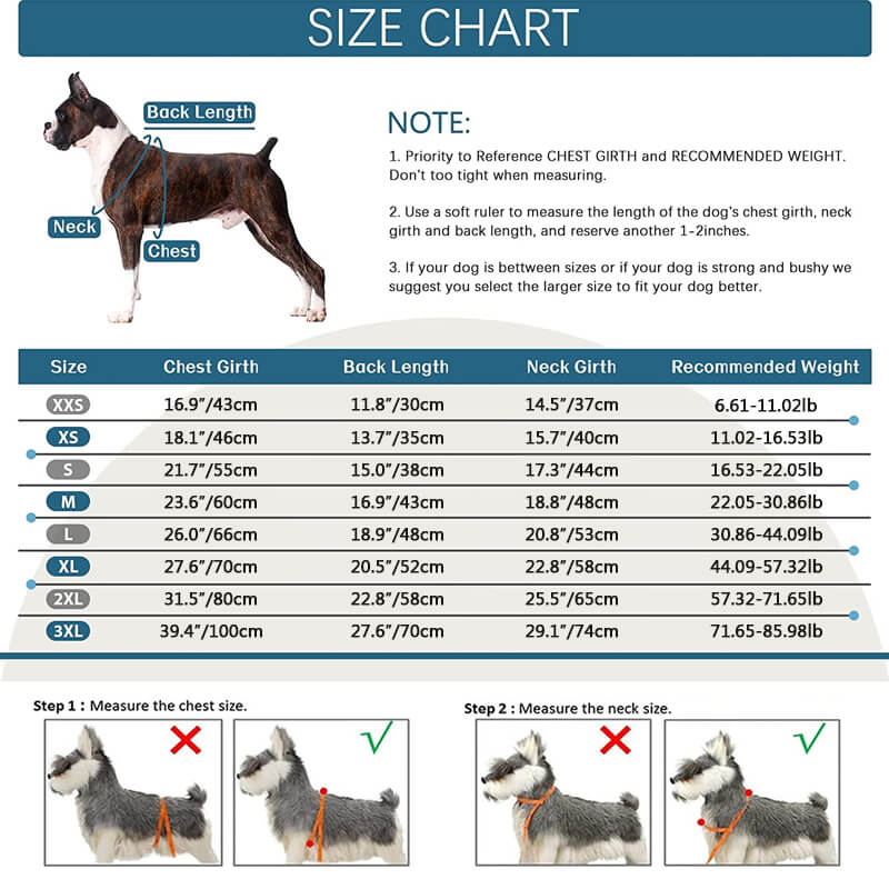 warm dog coats size chart