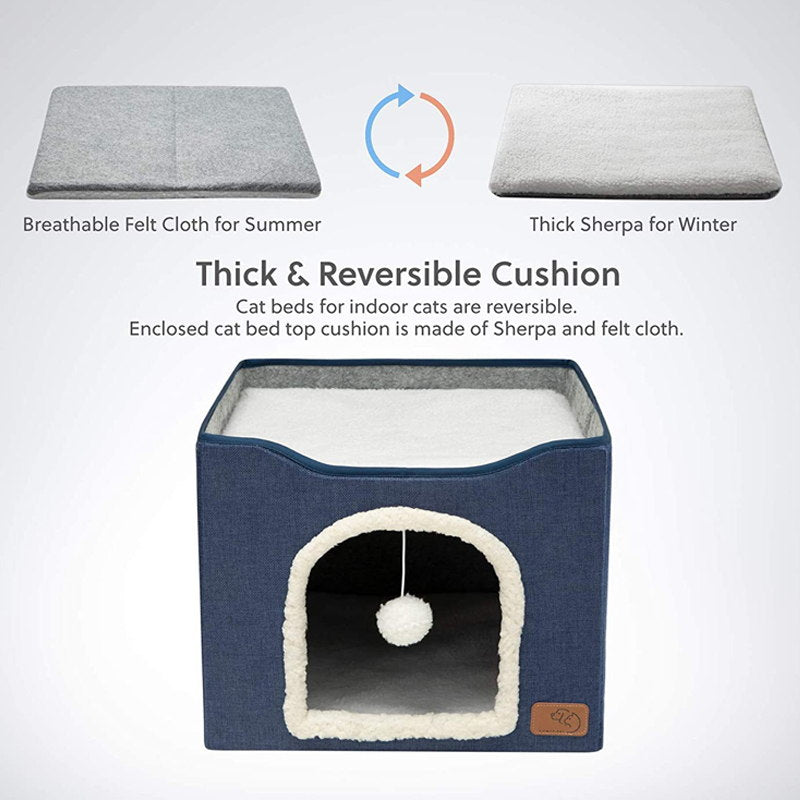 indoor cat bed house with thick & reversible cushion