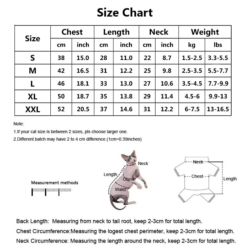 dog cat hoodies size chart
