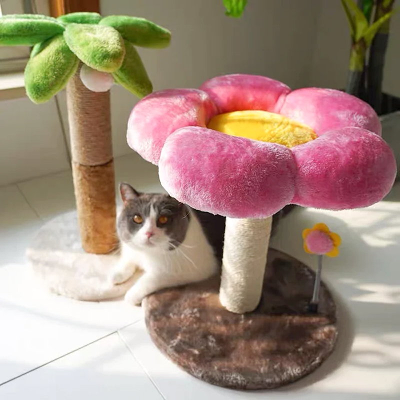 B-pink flower cat tree with hanging ball
